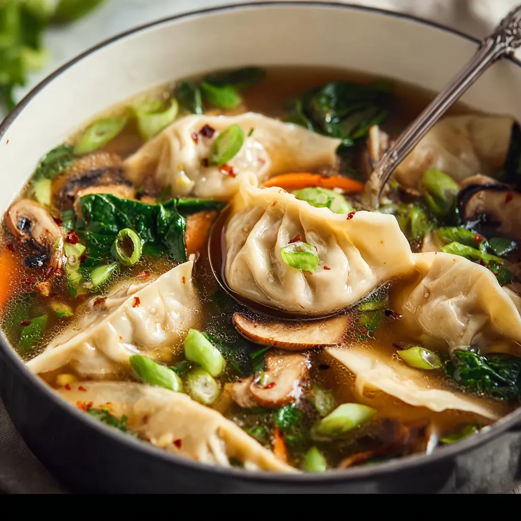 A close-up shot shows a delicious bowl of Potsticker Soup filled with plump potstickers and savory broth, perfect for a comforting meal.