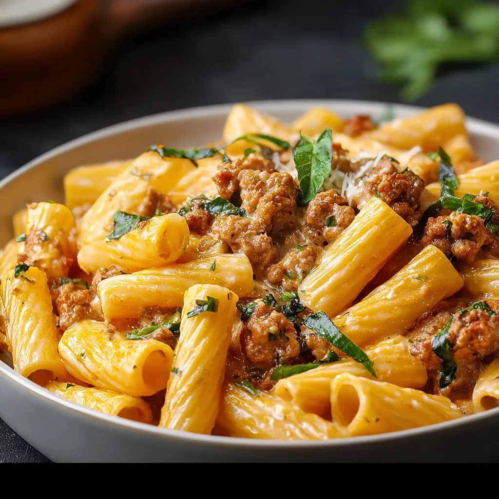 Close-up view of delicious Sausage Rigatoni, showcasing its rich sauce and perfectly cooked pasta.