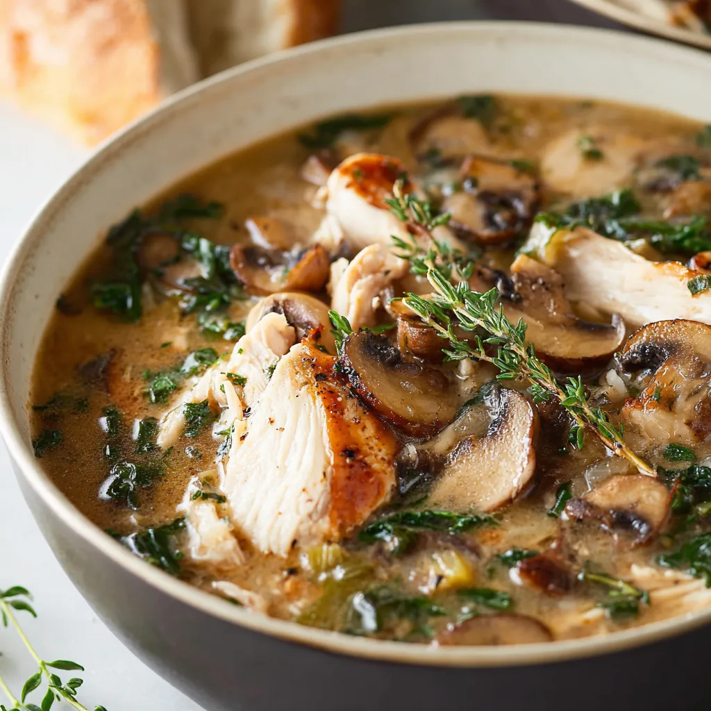 Close-up shows a hearty bowl of Rotisserie Chicken And Mushroom Soup, highlighting the creamy broth and visible chicken and mushroom pieces.