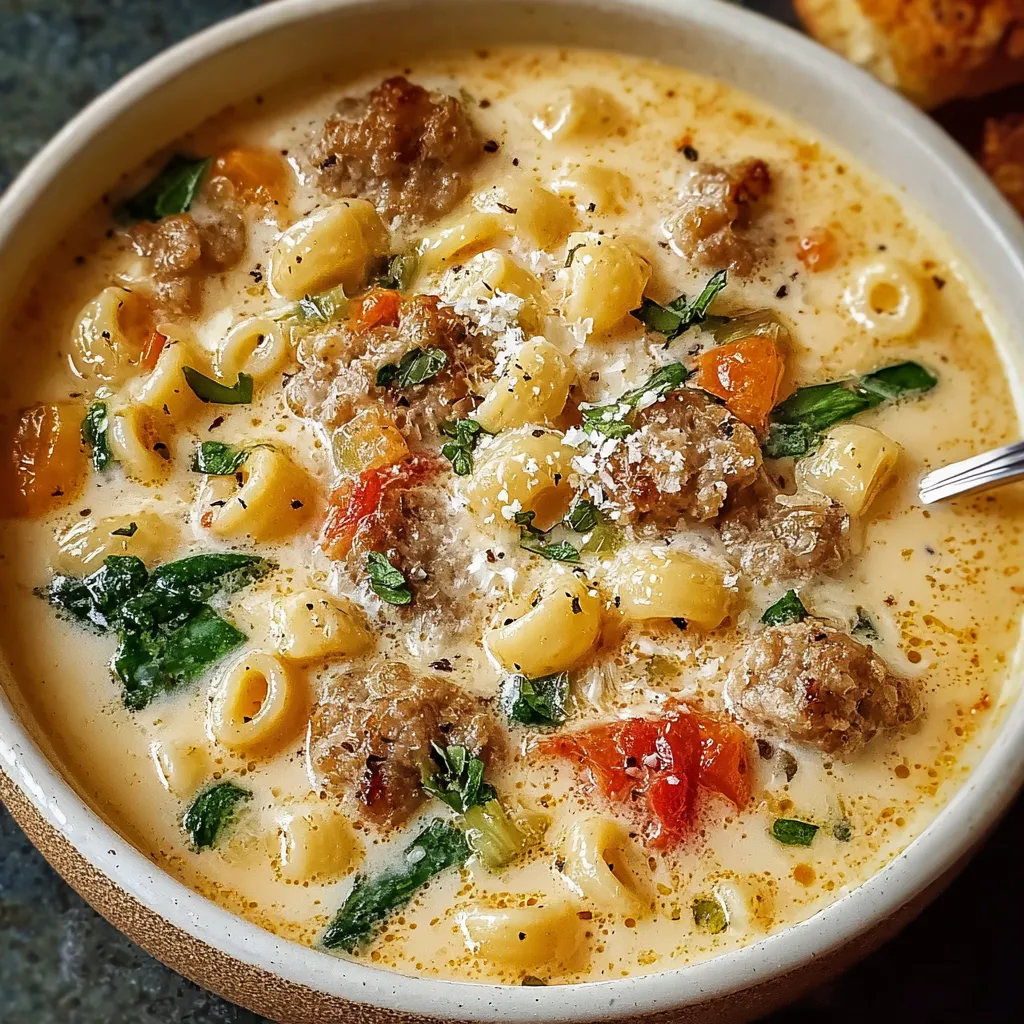 Close-up of flavorful Sausage Ditalini Soup in a bowl, showcasing the pasta and sausage.