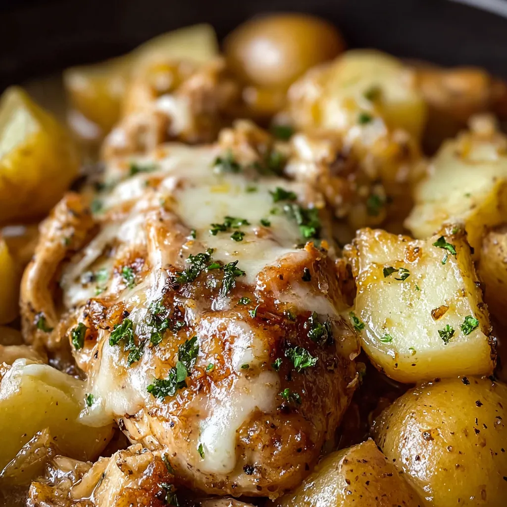 Close-up view of delicious Slow Cooker Garlic Parmesan Chicken and Potatoes, showcasing the tender chicken and creamy sauce.