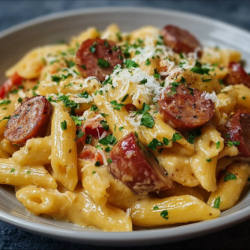 Close-up view of delicious Smoked Sausage Pasta, highlighting the creamy sauce and perfectly cooked pasta.