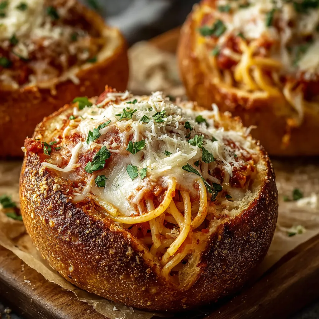 Close-up showing delicious Spaghetti Garlic Bread Bowls, ready to be enjoyed.