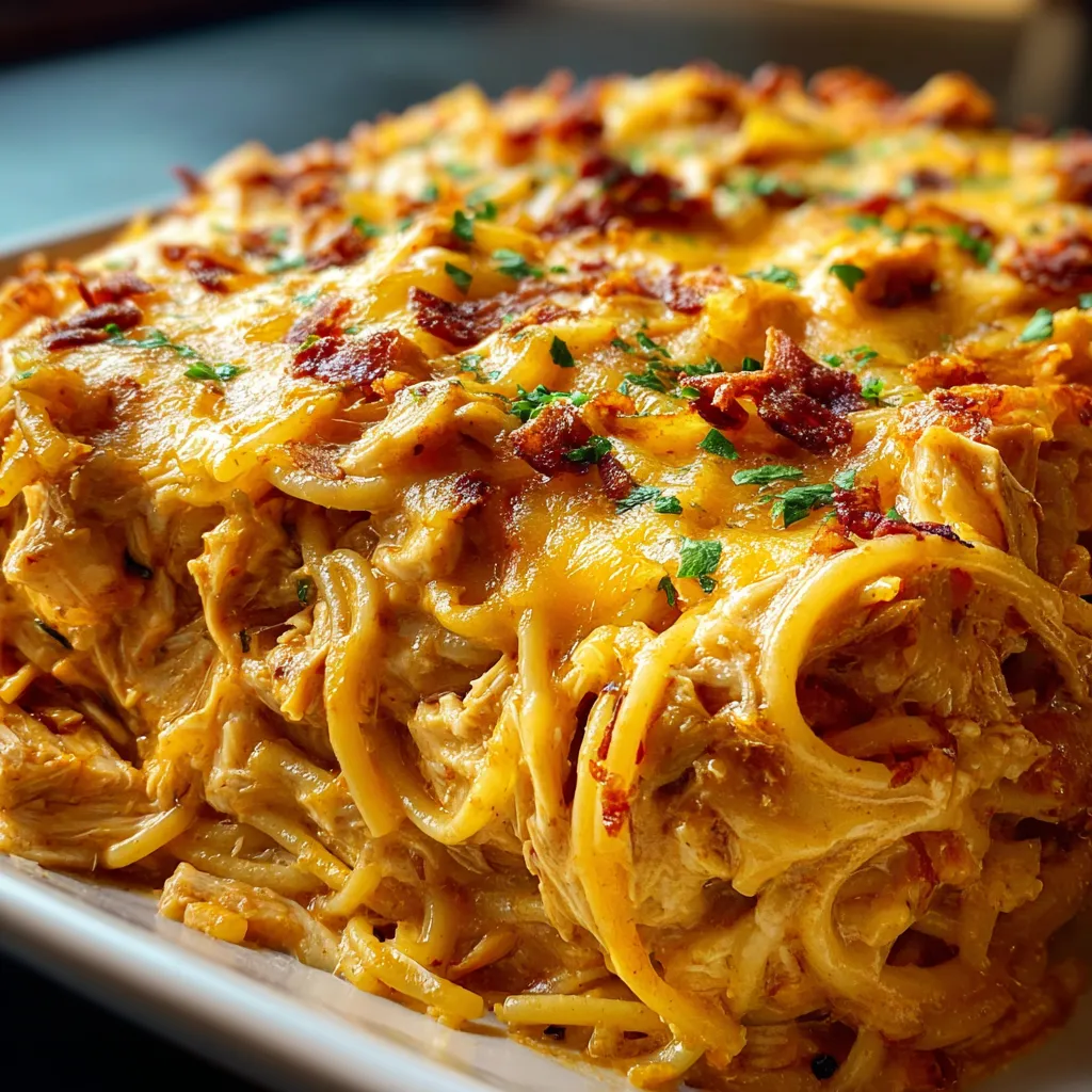 Close-up shows a cheesy and bubbling Spicy Southern Chicken Spaghetti Casserole, ready to be served.