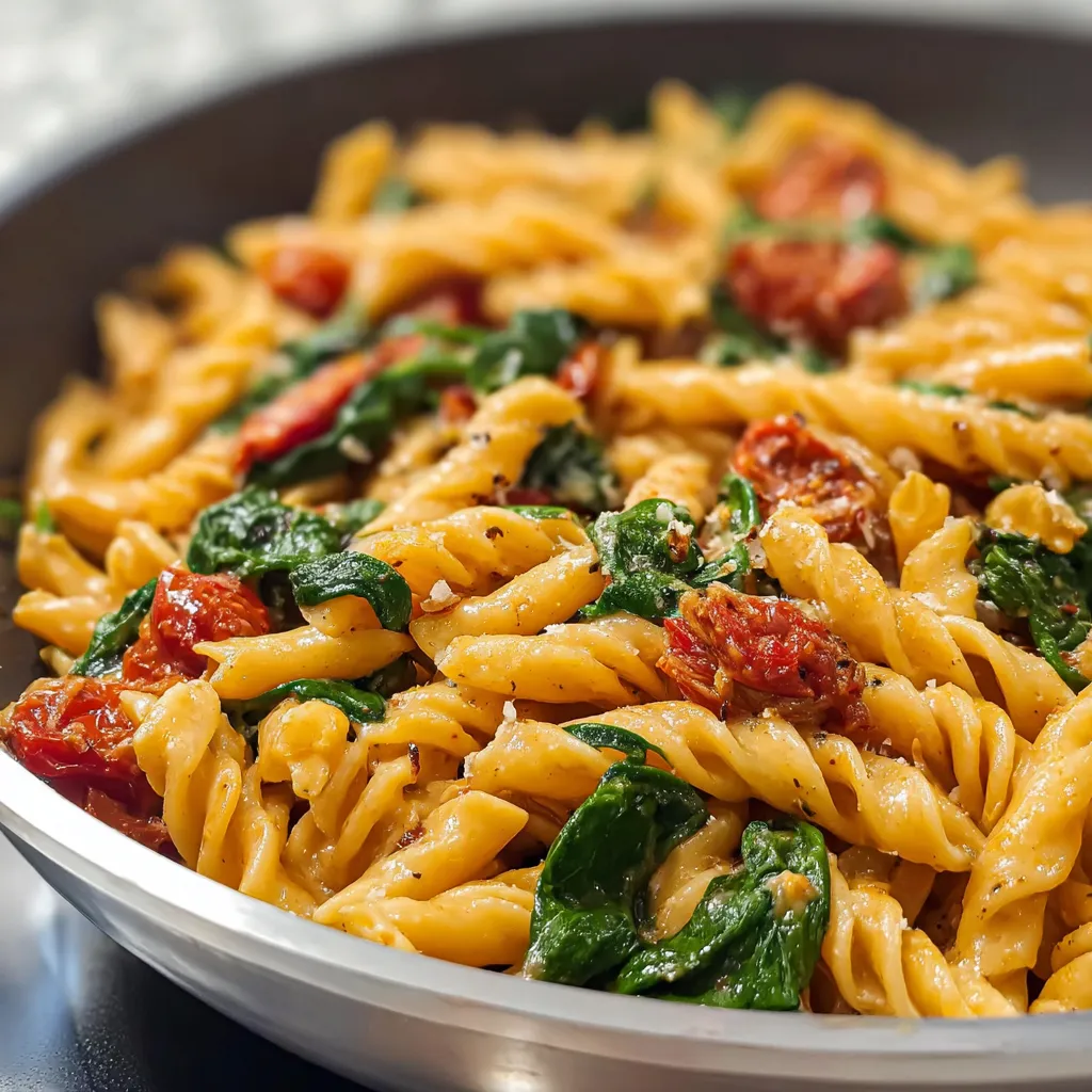 Close-up view of vibrant Spinach Tomato Pasta, showcasing the dish's texture and ingredients.