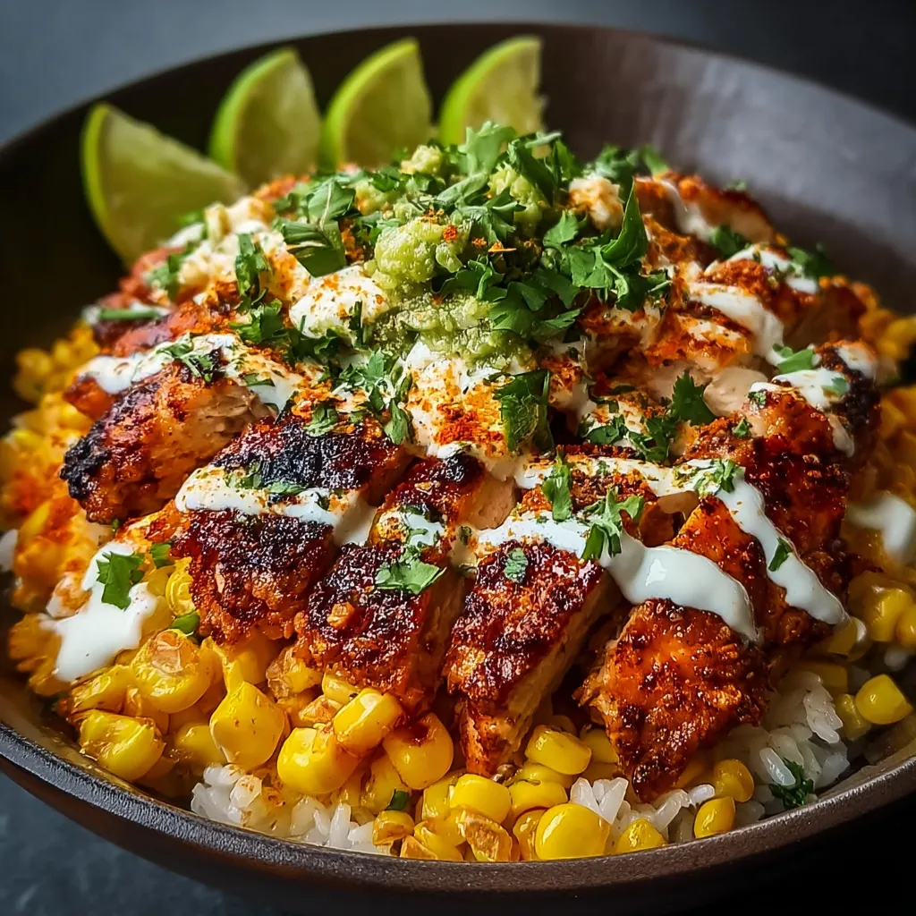 Close-up shot of a delicious Street Corn Chicken Rice Bowl, showcasing the vibrant colors and textures of the ingredients.