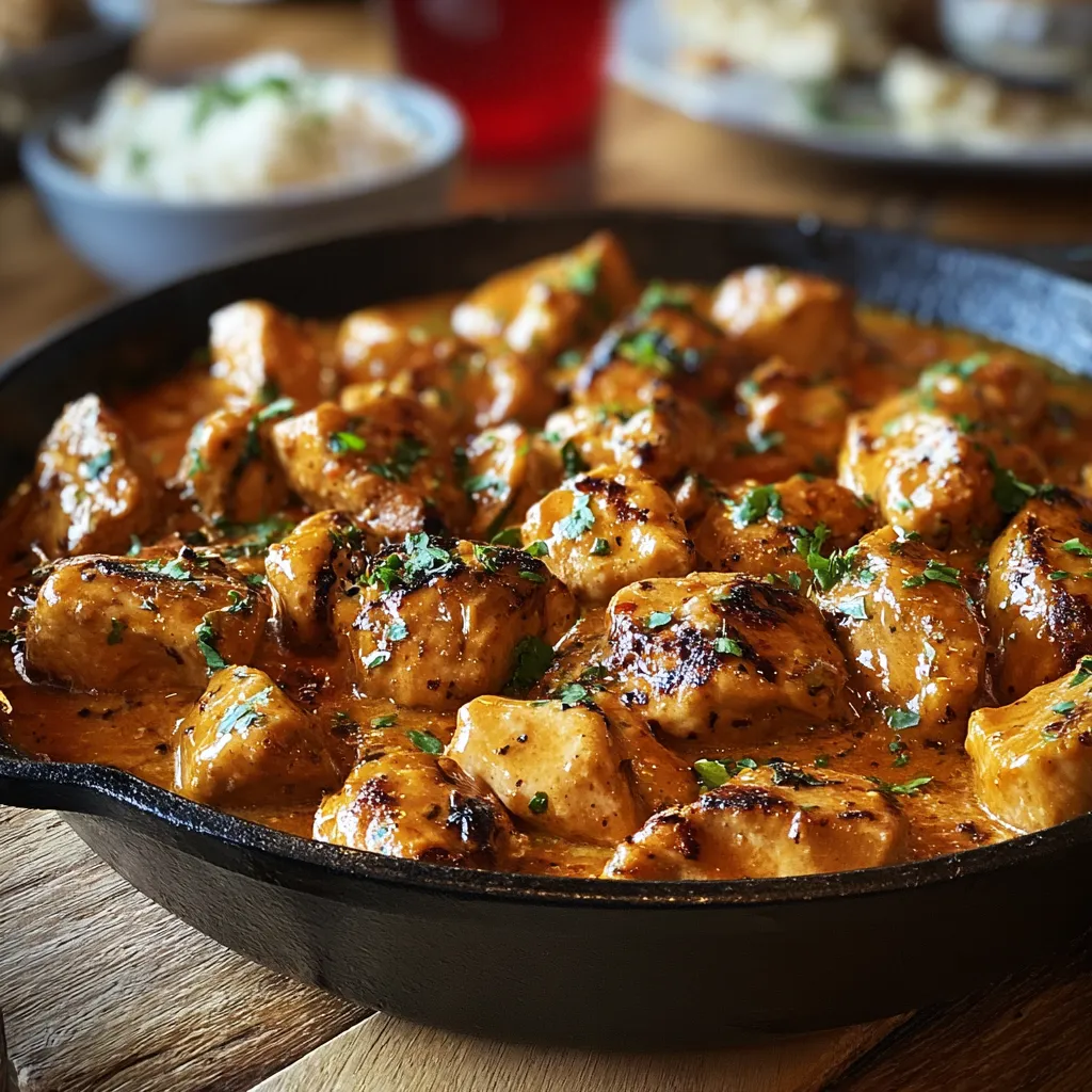 Close-up of a creamy and delicious Texas Roadhouse Butter Chicken Skillet, ready to be enjoyed.