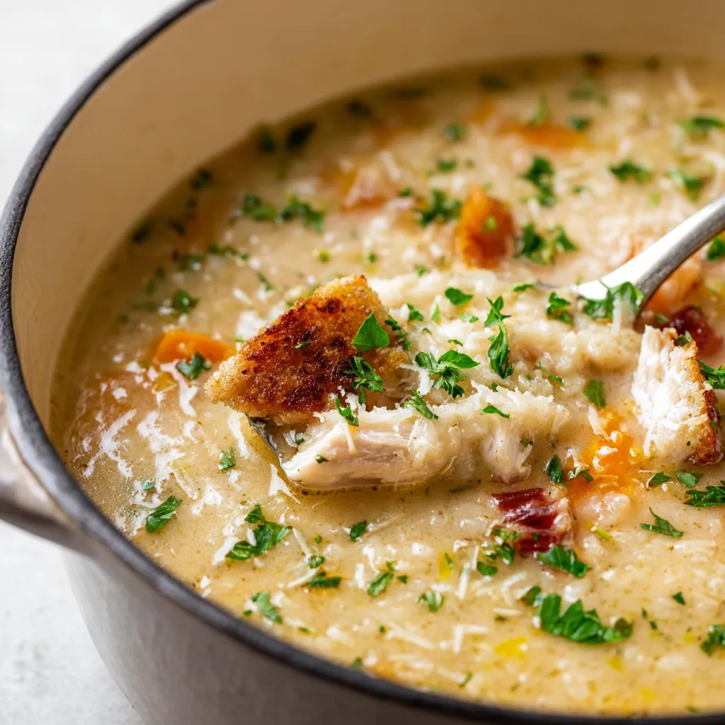 Close-up view of creamy Tuscan Parmesan Cream Soup in a white bowl, showcasing its rich texture.
