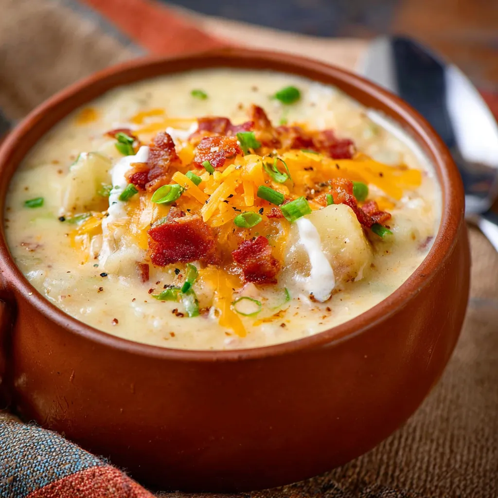 Creamy Baked Potato Soup is shown in a white bowl, garnished with chives and bacon bits.