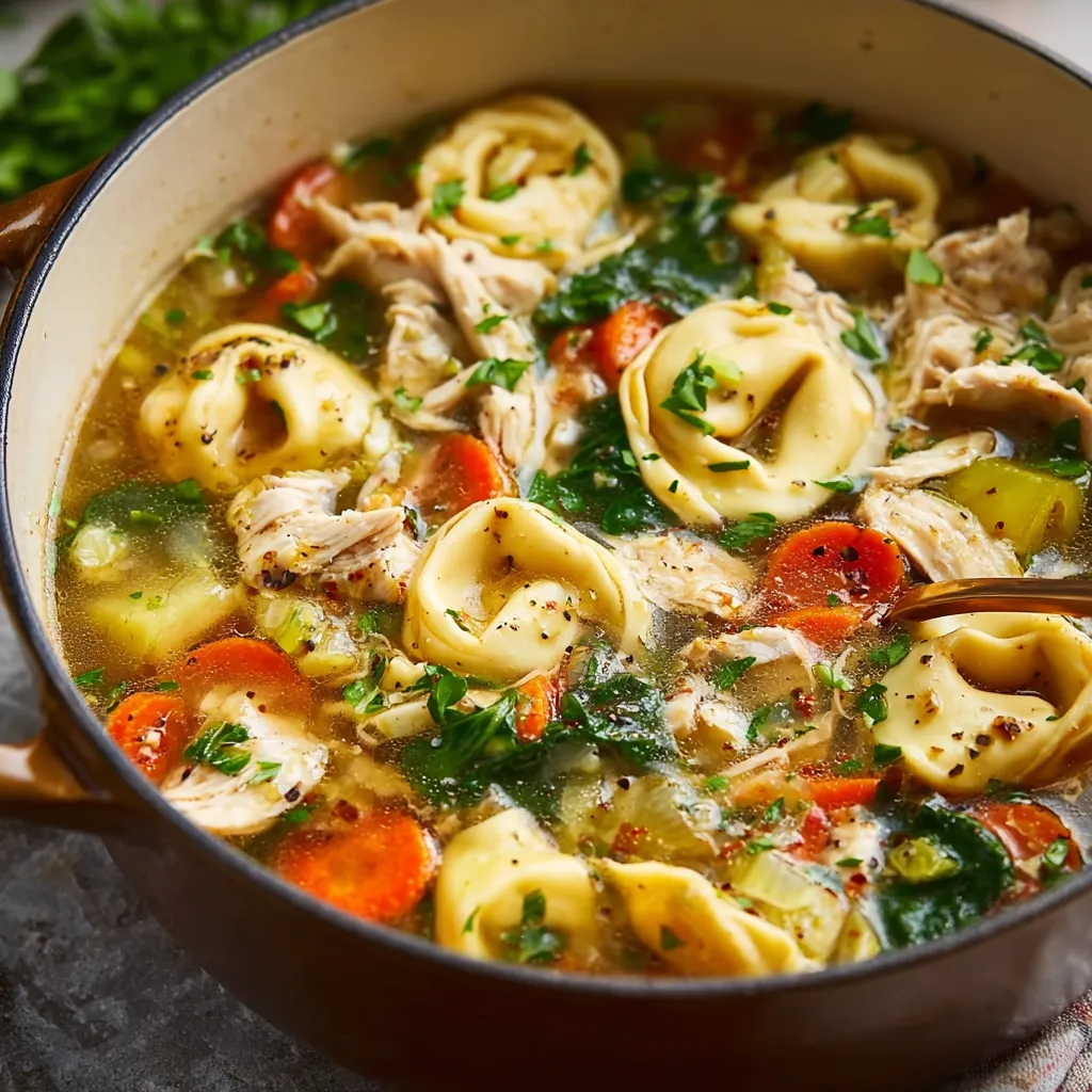 A comforting bowl of Chicken Tortellini Soup, ready to be enjoyed.