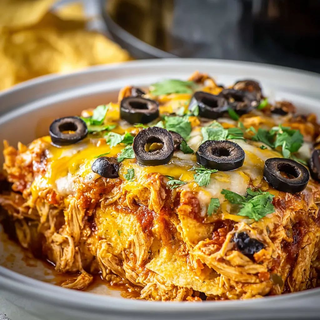 Close-up view of a freshly baked Crockpot Chicken Enchilada Casserole, showcasing the melted cheese and colorful toppings.