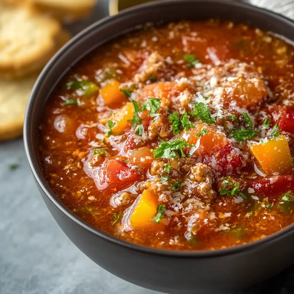 Close-up of delicious Stuffed Pepper Soup with visible peppers, rice, and broth in a bowl.
