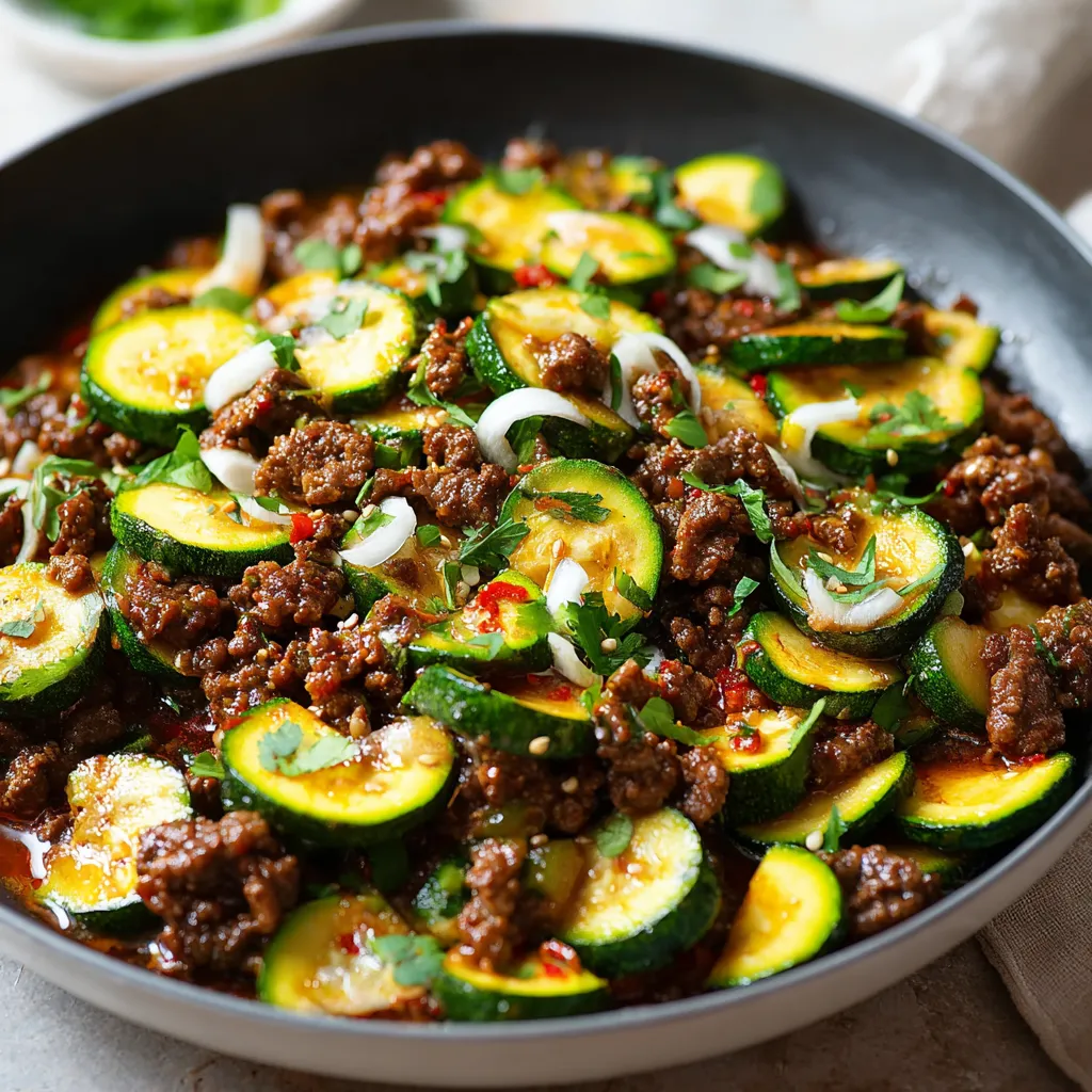 Close-up of a flavorful Zucchini Beef Stir-Fry ready to be served.