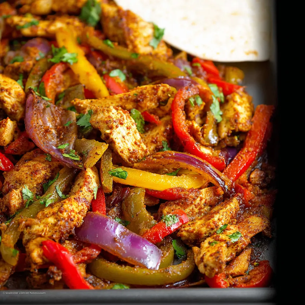 30 Minute Sheet Pan Chicken Fajitas - Dinner Done! featured image showcases the vibrant and colorful cooked fajitas spread across a sheet pan, ready to serve for a quick and easy dinner.