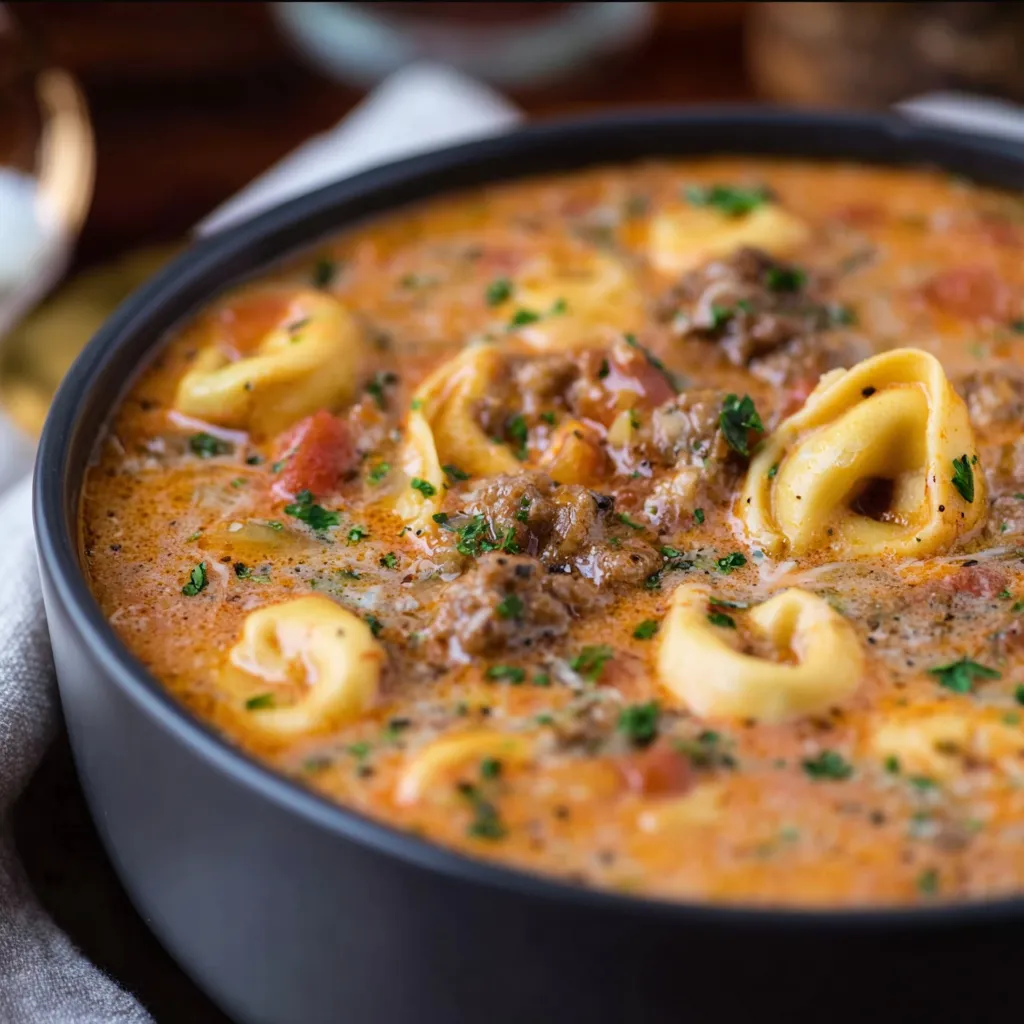 Dutch Oven Tortellini Soup Sausage simmering in a dutch oven, ready to be served as a comforting and flavorful meal.
