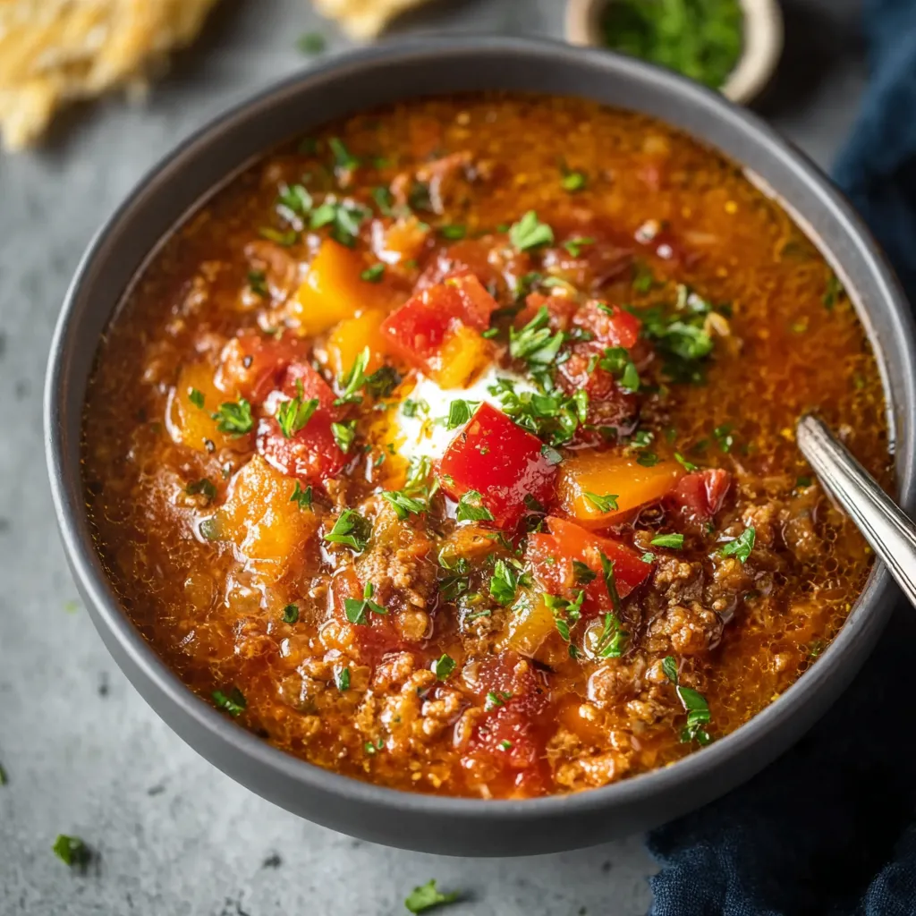 Delicious Stuffed Pepper Soup is showcased as the featured image for a recipe article.
