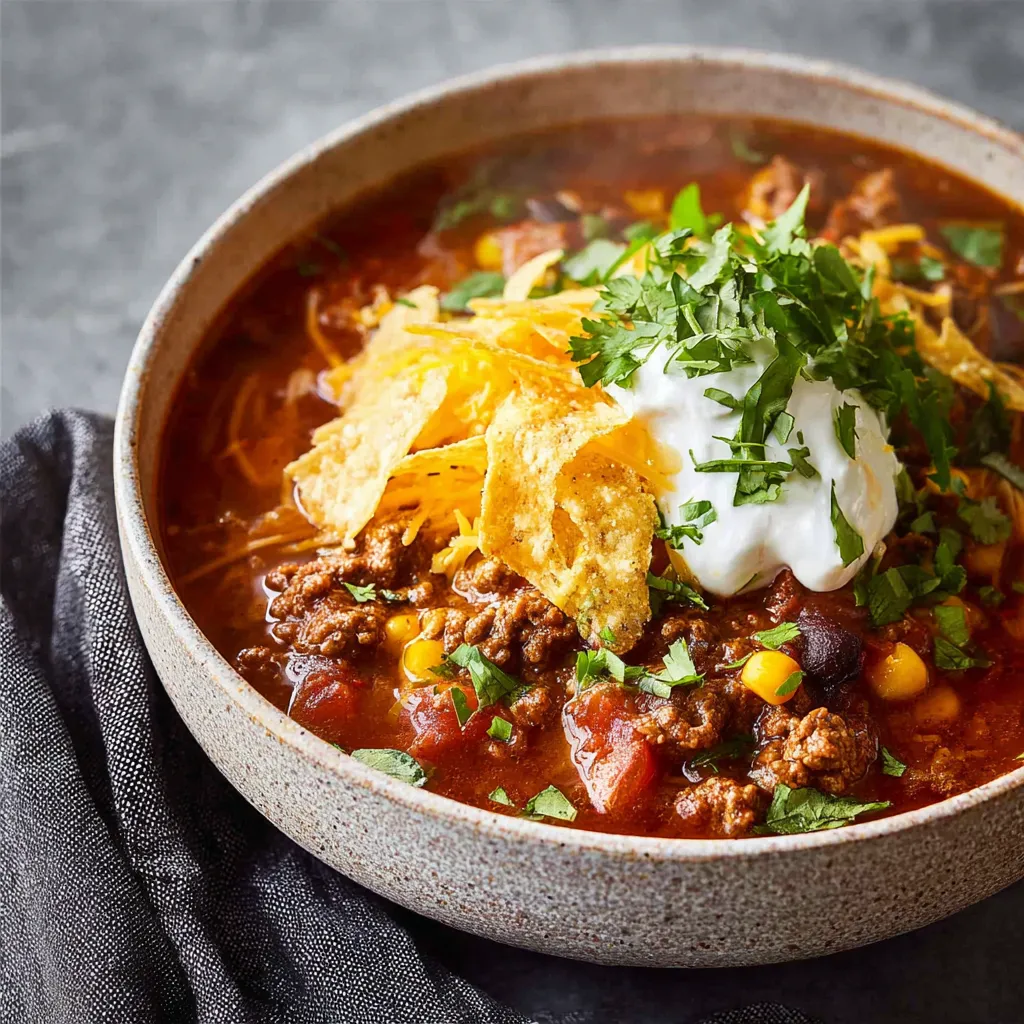 A vibrant bowl of Taco Soup is shown as the featured image for this recipe.