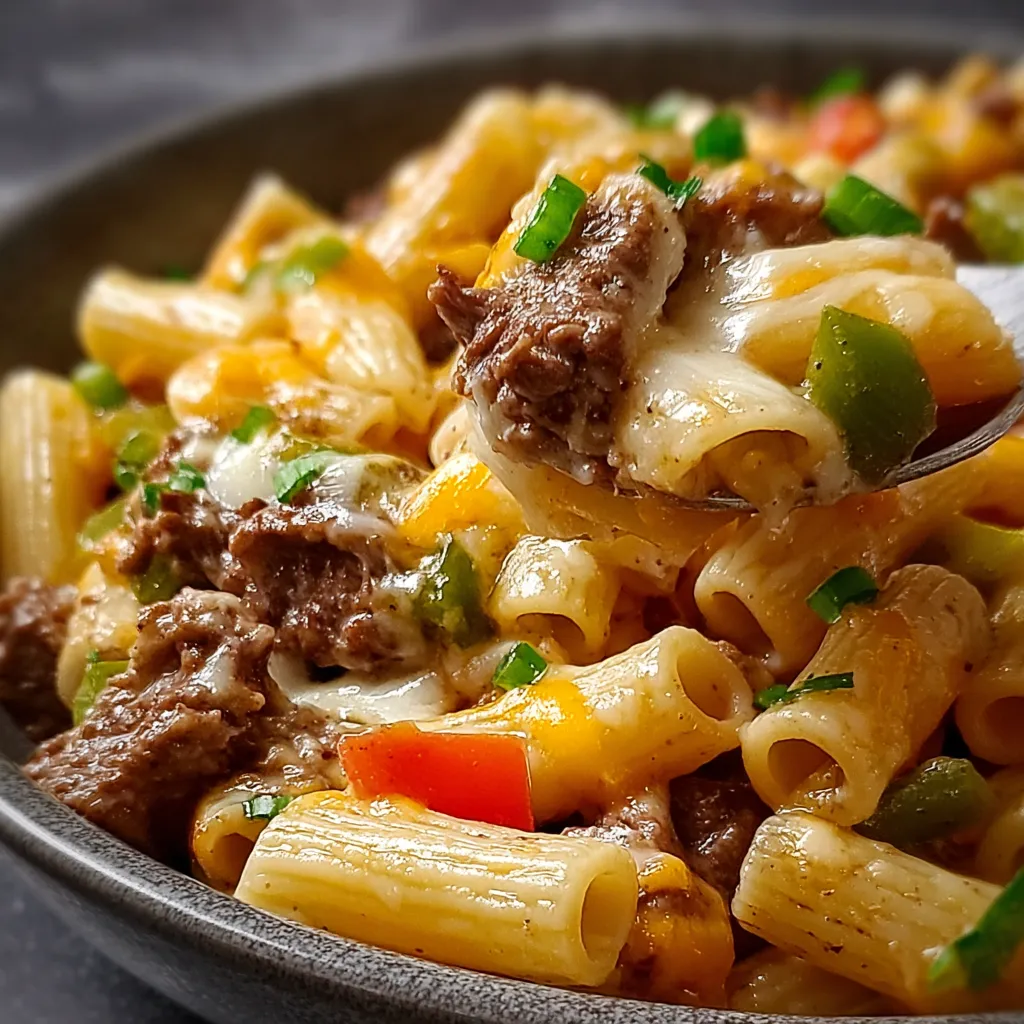 A close-up shot showcases the creamy, delicious Philly Cheese Steak Pasta, highlighting its tender steak, melted cheese, and perfectly cooked pasta.