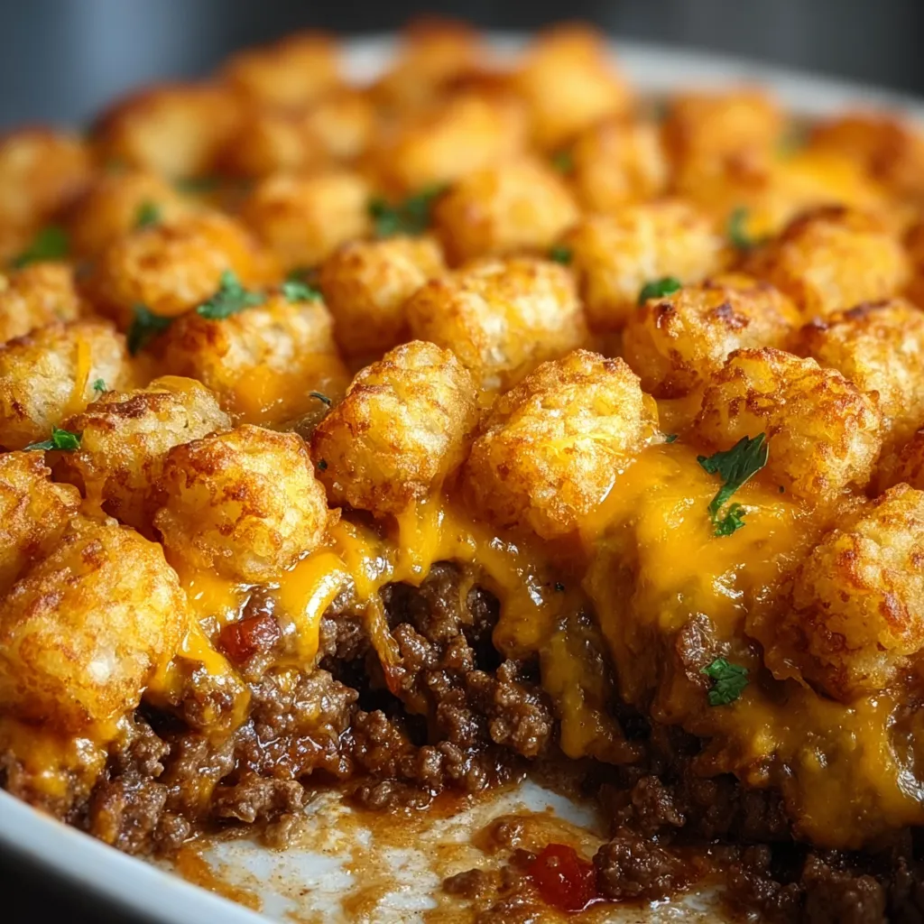 Overhead view of a golden brown Tater Tot Casserole, fresh from the oven and ready to serve as a comforting family meal.