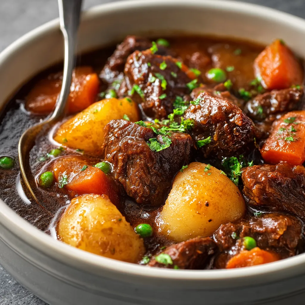 A hearty Crockpot Beef Stew simmers in a rustic ceramic crockpot, showcasing tender beef and colorful vegetables.