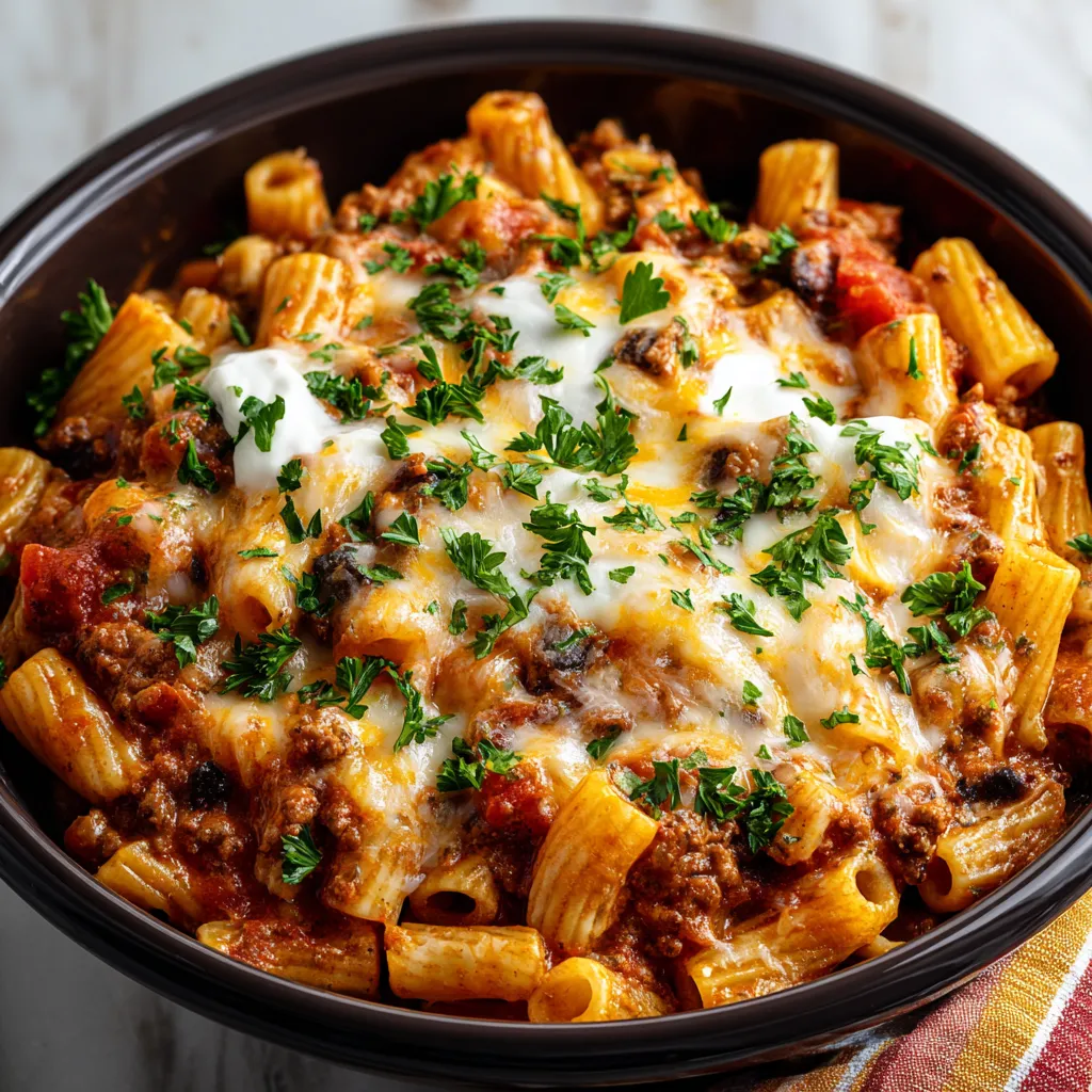 Alt text for featured image about Crockpot Taco Pasta