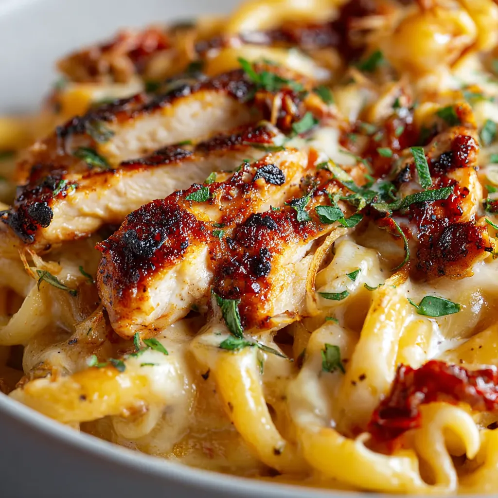 A close-up shot showcases a vibrant plate of Cajun Chicken Pasta, featuring creamy sauce, tender chicken, and colorful vegetables.