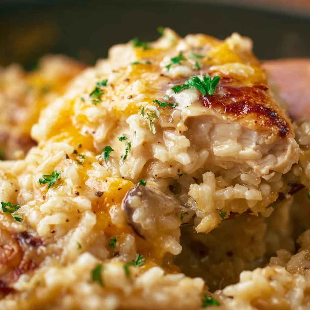 Cheesy Crock Pot Chicken Rice is shown in a tempting featured image, ready to be served.