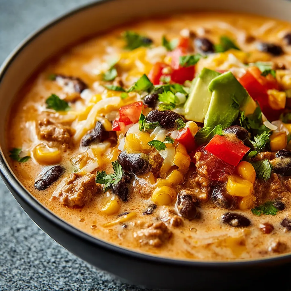 Creamy Taco Soup is pictured in a delicious, enticing close-up as the featured image.