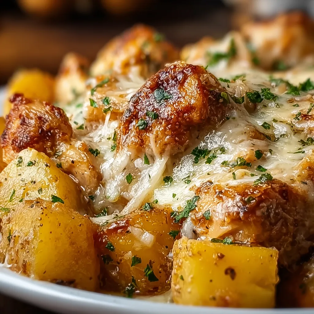 Garlic Parmesan Crockpot Chicken And Potatoes is shown as a delicious, easy meal in a featured image.