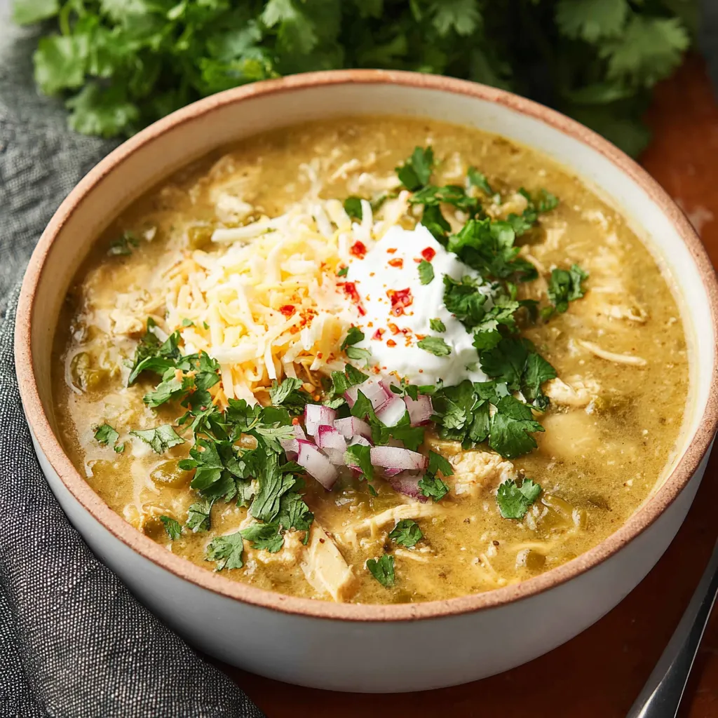 A bowl of Green Enchilada Chicken Soup, ready to be served as a featured image for the recipe article.