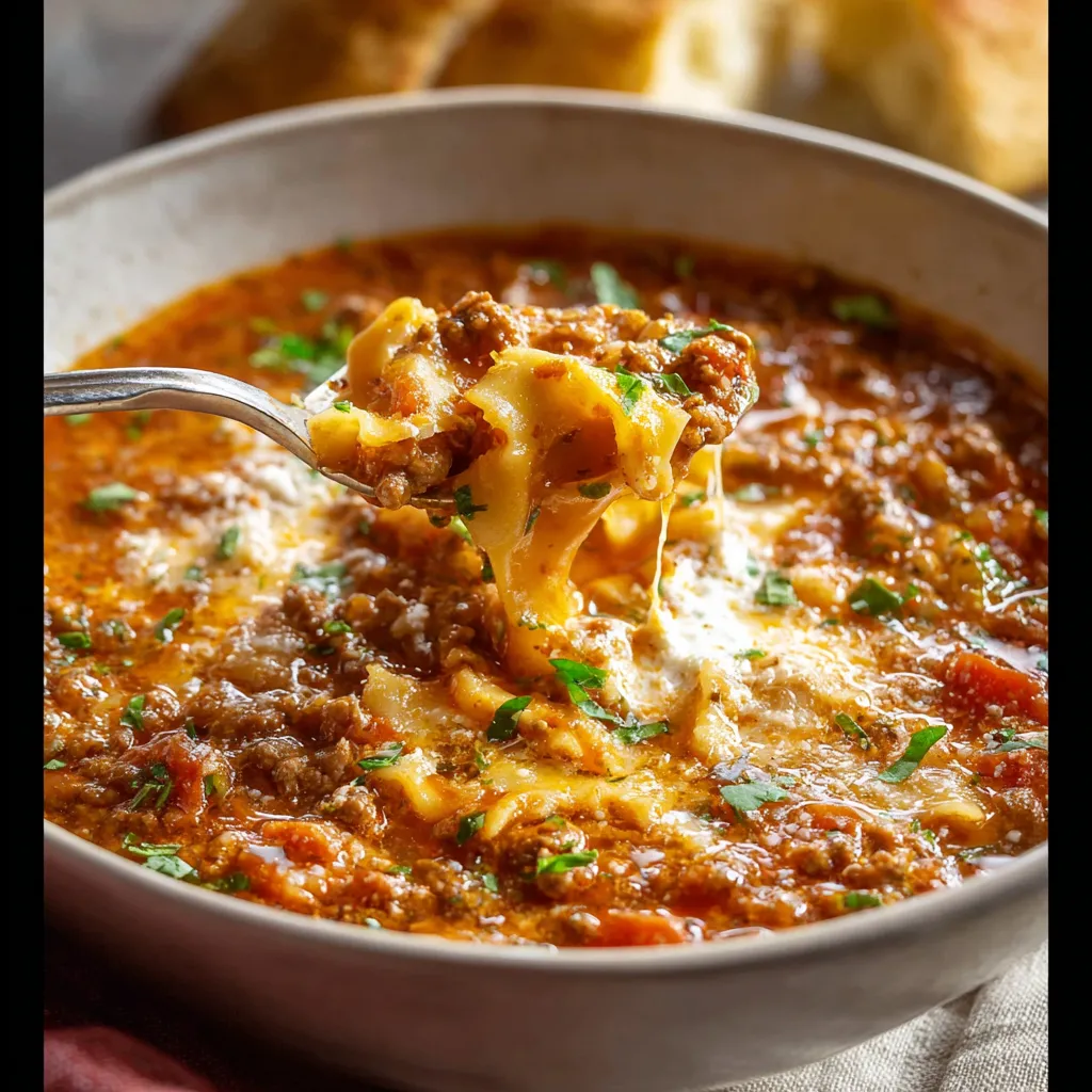 A delicious bowl of Lasagna Soup is presented as the featured image for the recipe article.