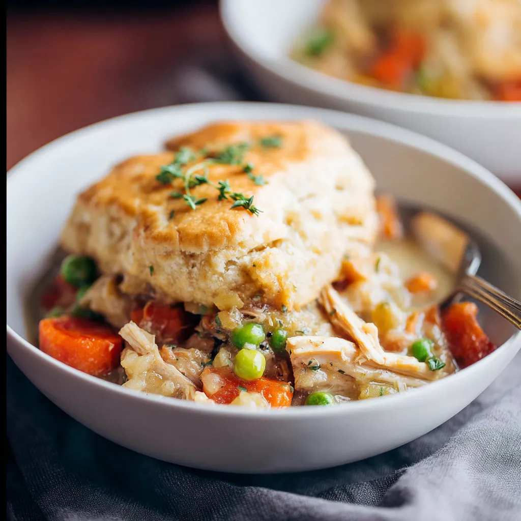 A golden-brown Chicken Pot Pie with a flaky crust sits ready to be served as a comforting meal.