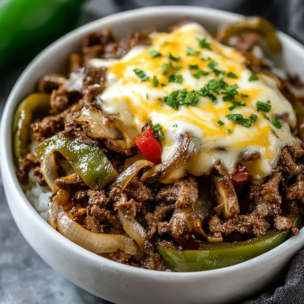 A close-up shot of delicious Philly Cheesesteak Bowls, highlighting the melted cheese, sliced steak, and toppings.