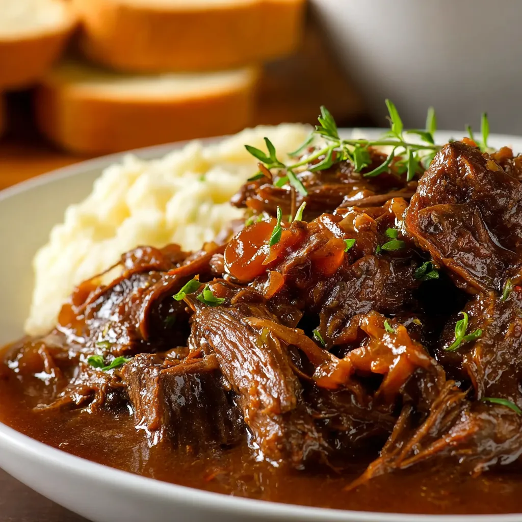 Slow Cooker Beef Manhattan, a comforting dish of tender beef simmered in gravy and served over bread, is shown in this featured image.