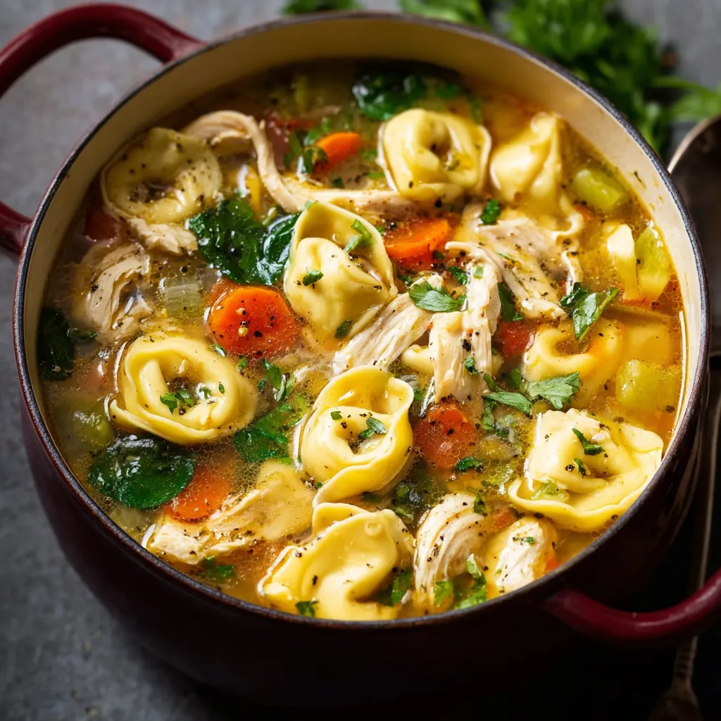 A comforting bowl of Chicken Tortellini Soup is shown as the featured image for the recipe.