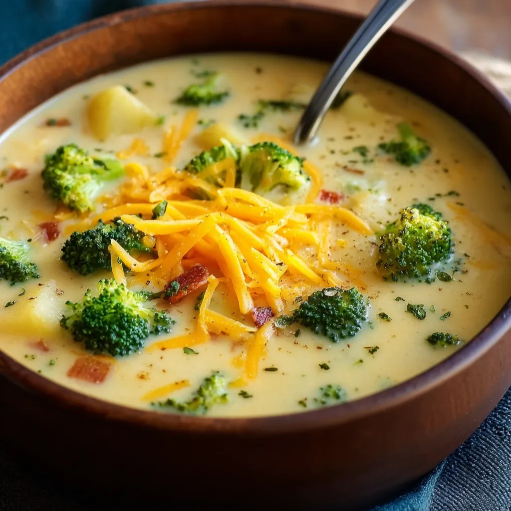 Close-up of creamy Cheddar Broccoli Potato Soup in a white bowl.