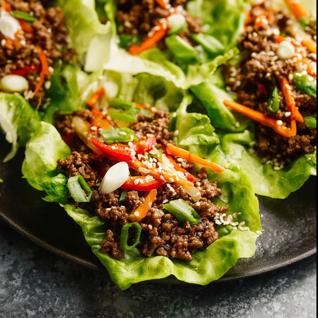 Delicious Asian-Style Beef Lettuce Wraps with fresh vegetables and flavorful seasonings.