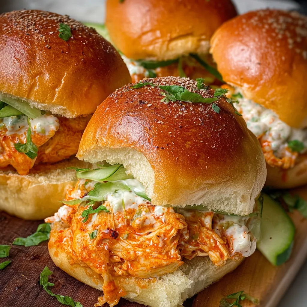 Close-up of delicious Buffalo Chicken Sliders, showcasing the creamy sauce and shredded chicken filling.
