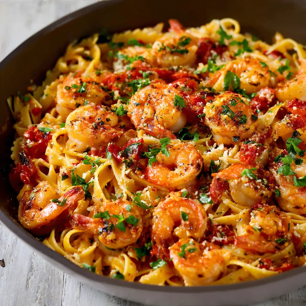 Close-up of creamy Cajun Shrimp Pasta, showcasing the succulent shrimp and colorful vegetables.