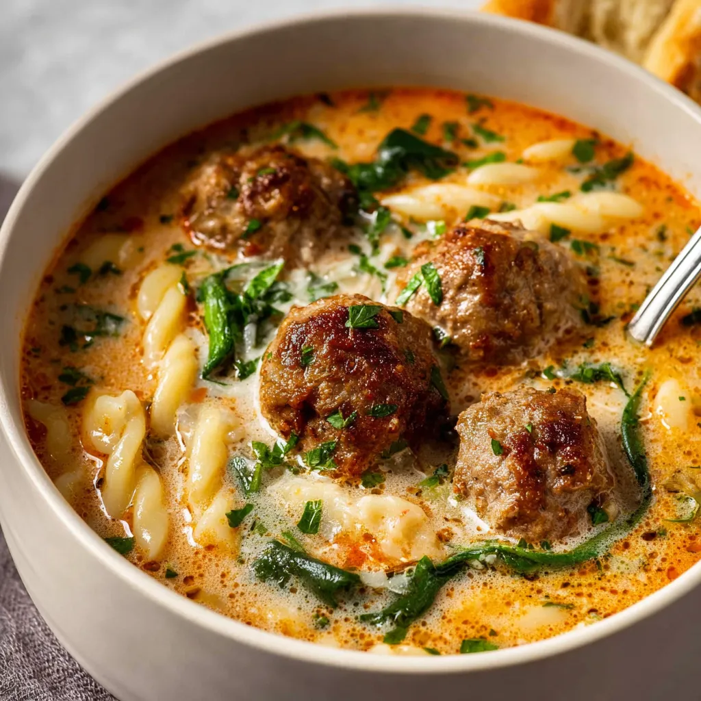 A close-up shot showcases a bowl of Creamy Italian Meatball Soup, highlighting its rich, creamy texture and savory meatballs.