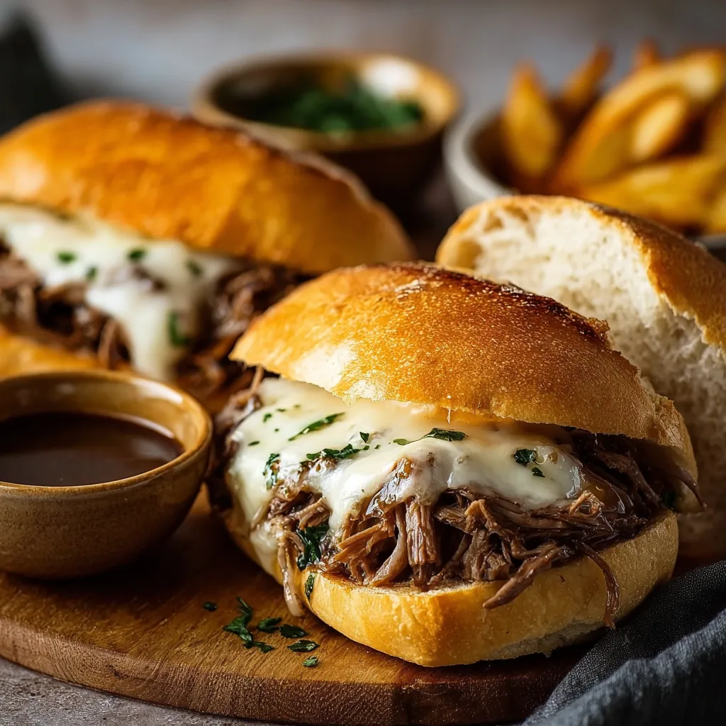 Crock Pot French Dip Sandwiches with melted cheese and au jus dipping sauce.