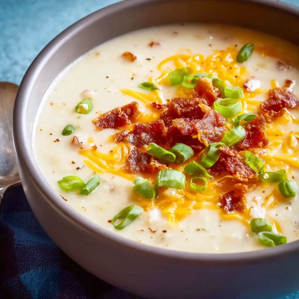 A close-up shows a creamy bowl of Potato Soup, garnished with fresh herbs, ready to be enjoyed as part of a hearty meal.
