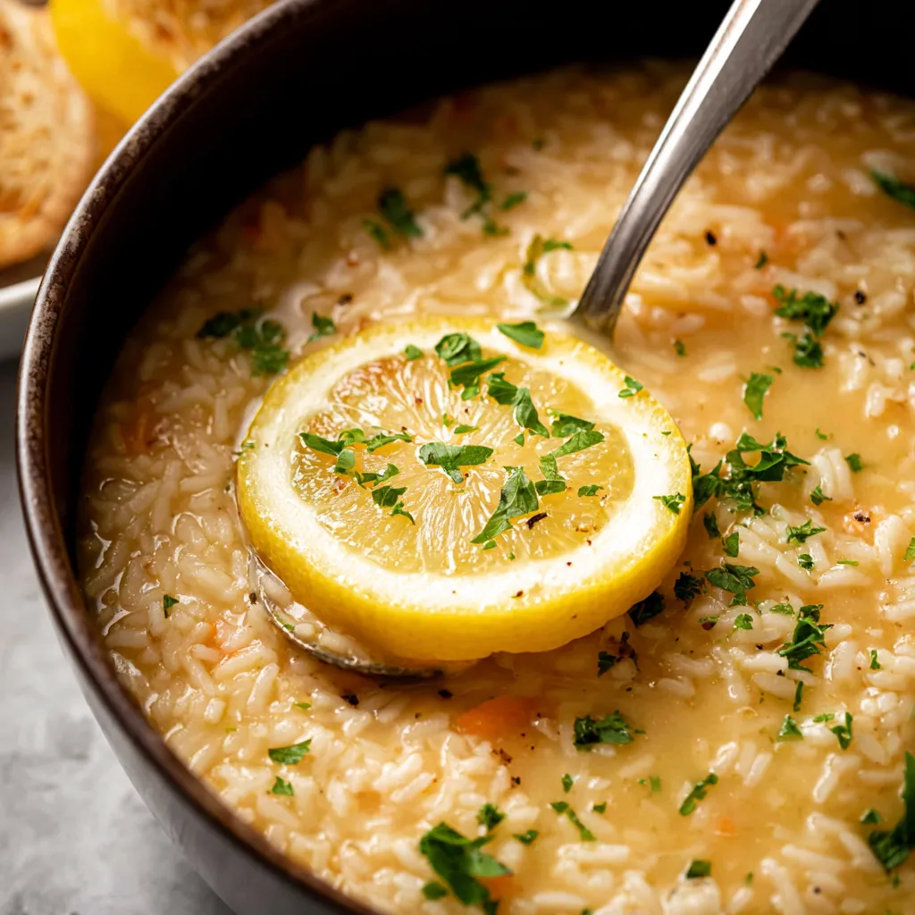 Delicious bowl of homemade Lemon Soup, with fresh lemon slices and herbs.