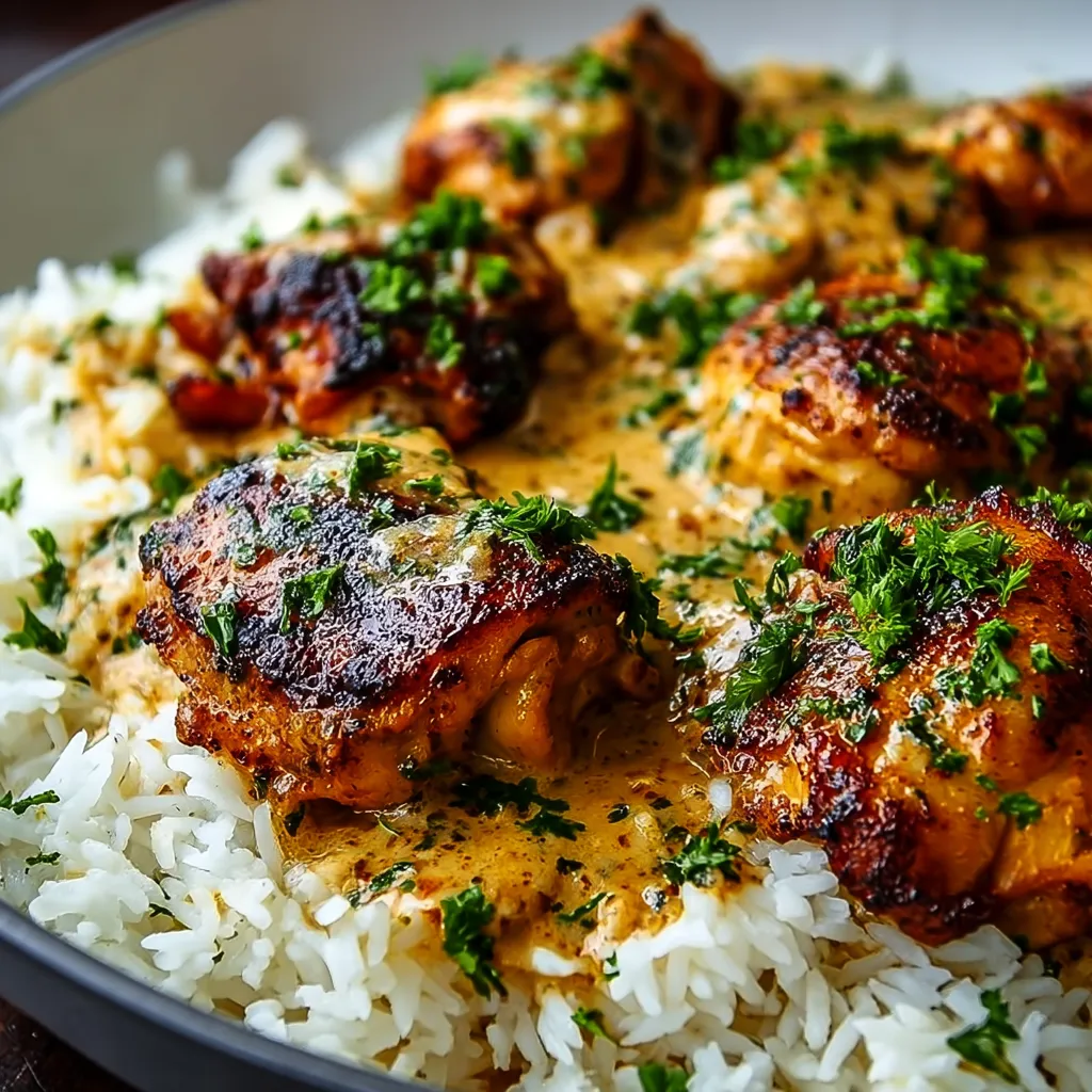 Close-up view of a delicious plate of Smothered Chicken And Rice, showcasing the creamy gravy and tender chicken.
