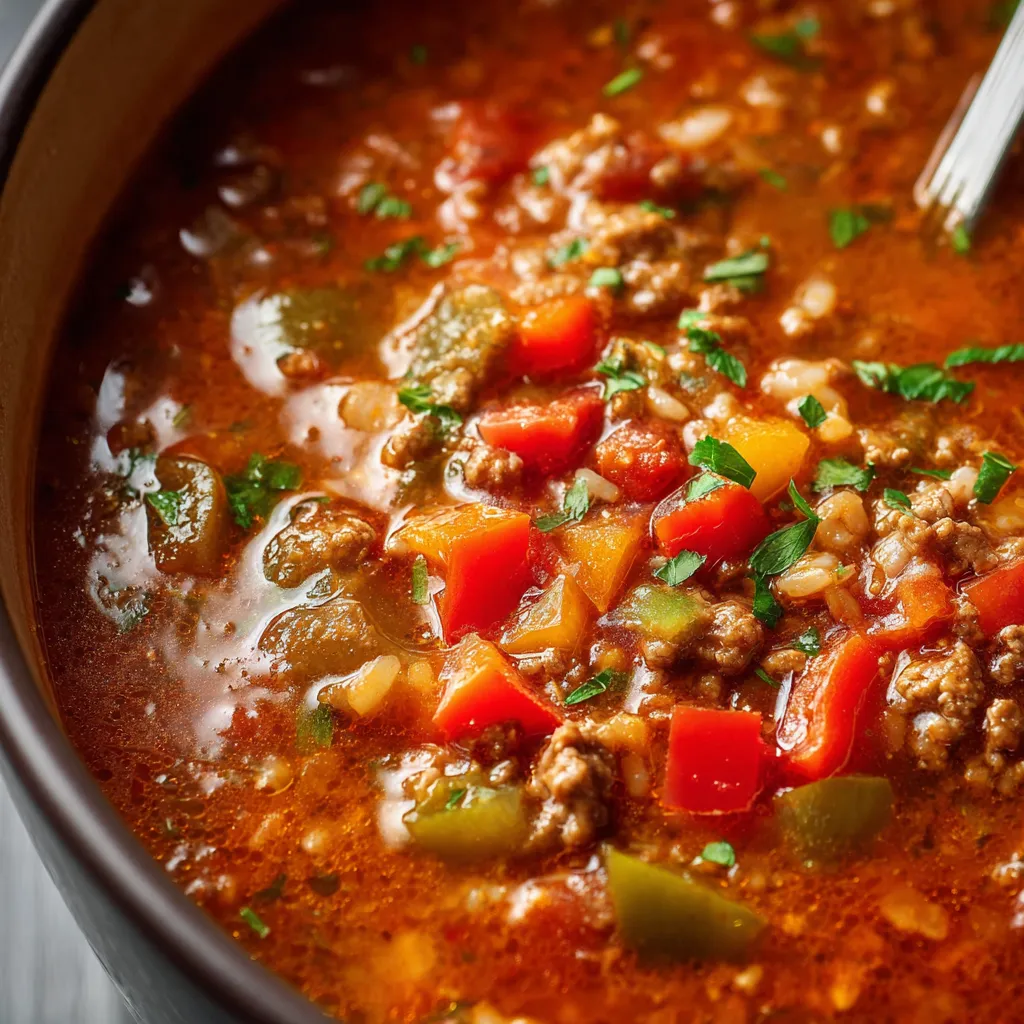 Close-up of a vibrant bowl of Stuffed Pepper Soup, showcasing the colorful mix of peppers, tomatoes, and ground beef.