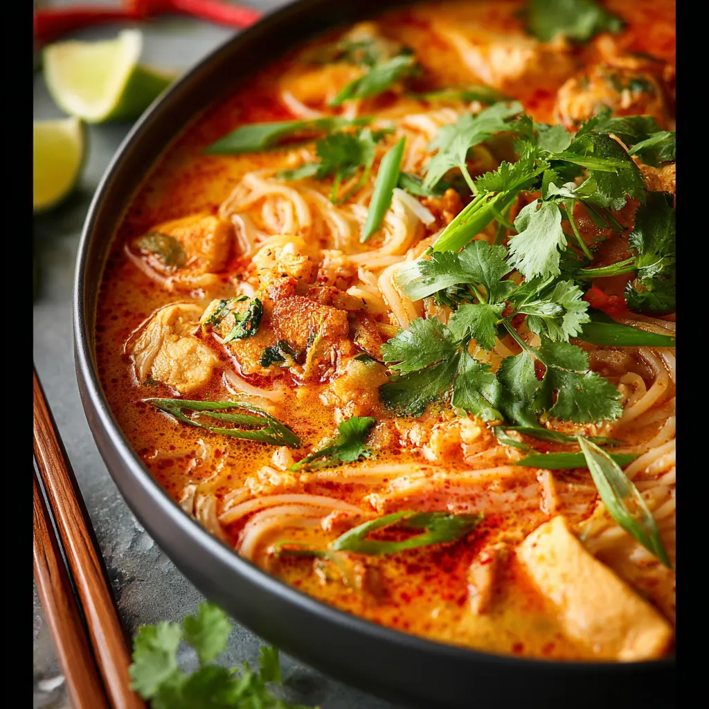 A steaming bowl of Thai Red Curry Noodle Soup, featuring aromatic spices, tender noodles, and vibrant vegetables.