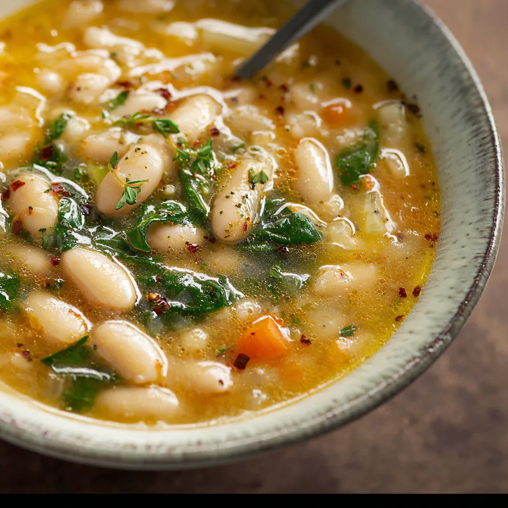 Close-up shot of a creamy White Bean Soup, showcasing its texture and inviting aroma.