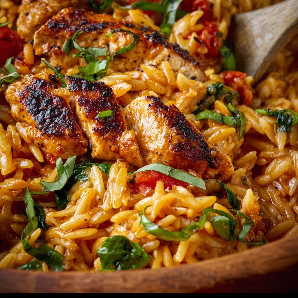 Delicious plate of Cajun Chicken Orzo, a savory and flavorful dish featuring tender chicken and pasta in a spicy Cajun-inspired sauce.