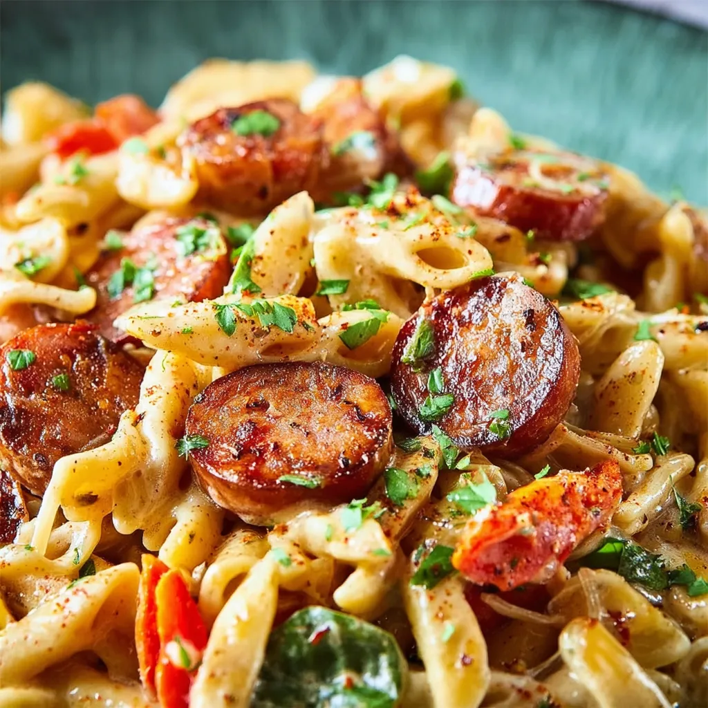 A delectable plate of Cajun Smoked Sausage Alfredo Pasta, featuring creamy pasta, smoky sausage, and a rich, flavorful sauce.