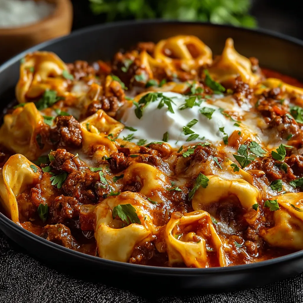 Cheesy Beef Enchilada Tortellini pasta dish with melted cheese and savory beef filling.